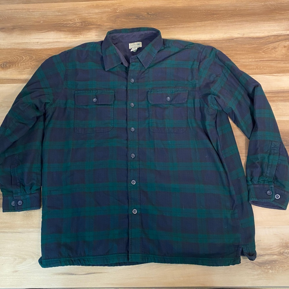 L.L. Bean Fleece Lined Flannel Shirt Mens XL‎ Blackwatch Tartan Plaid Green Blue